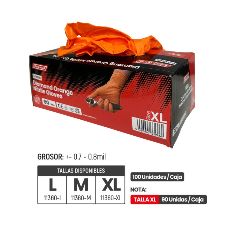 11360 | GUANTES DE NITRILO NARANJA DIAMANTADOS - CAJA 100 UDS. - Imagen 2